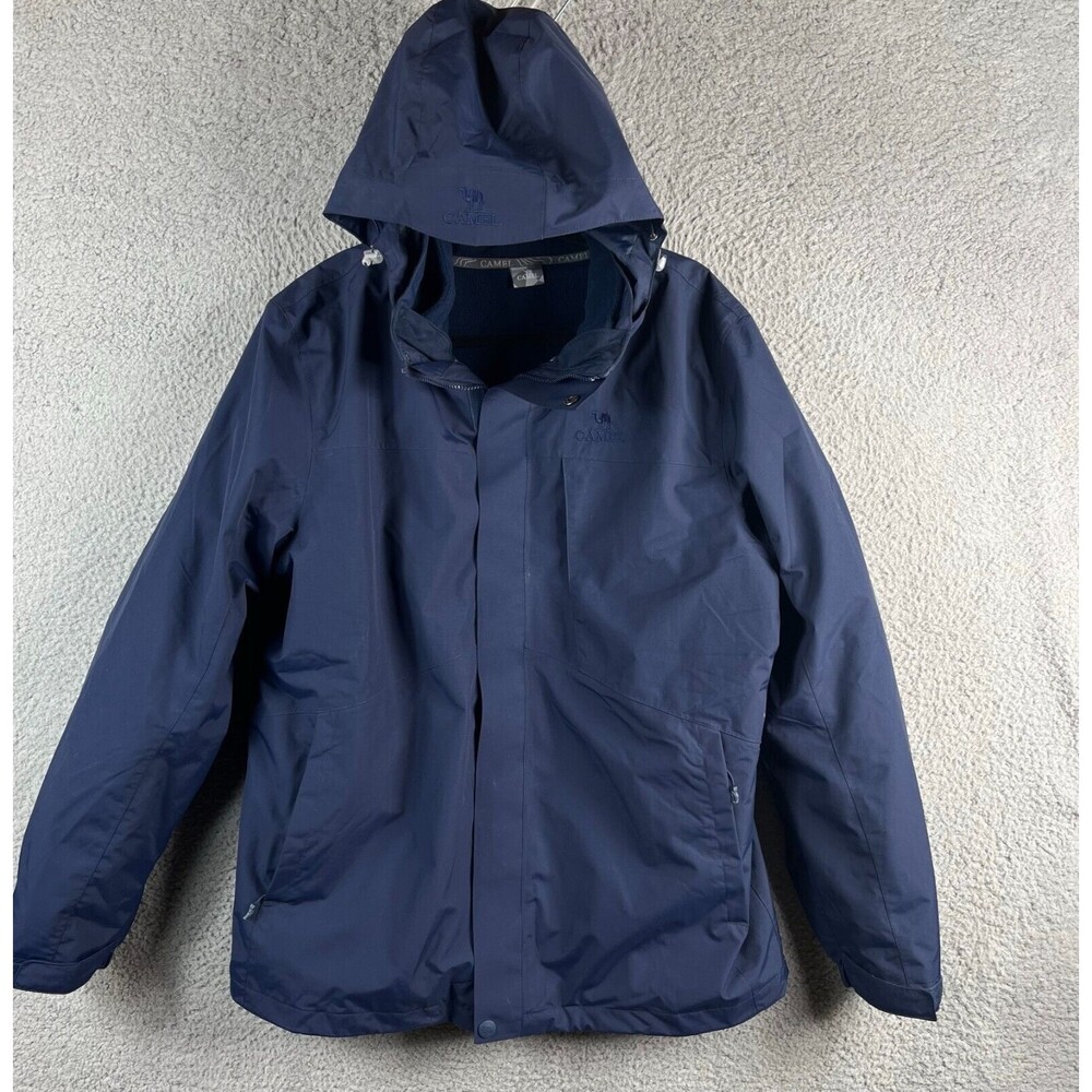 VINTAGE CAMEL Cigarette Jacket Mens L Blue Flannel Lined Full Zip Snap Coat Hood